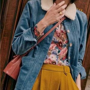 Sezane Will Jacket Vintage Blue Sheepskin Collar Size XL NWT